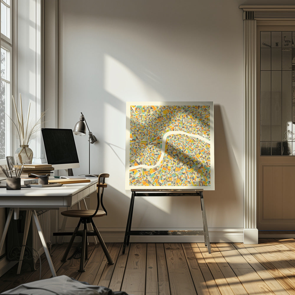 A framed, abstract map of London featuring a colorful mosaic of city blocks in orange, yellow, teal, and brown, with the River Thames winding through the center in a wide, cream-colored band. Poster