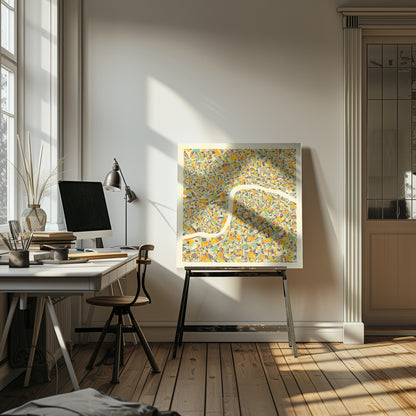 A framed, abstract map of London featuring a colorful mosaic of city blocks in orange, yellow, teal, and brown, with the River Thames winding through the center in a wide, cream-colored band. Poster