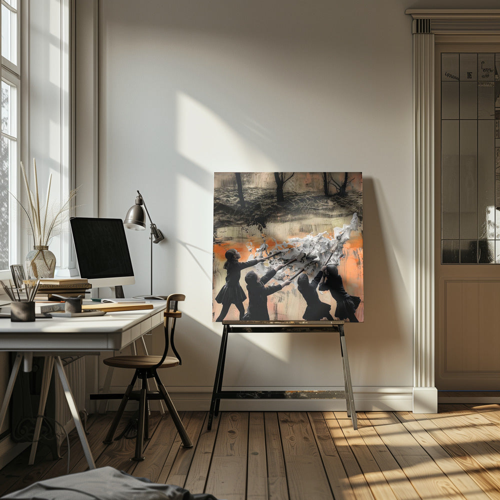 A framed mixed-media artwork featuring four children in dark uniforms collaboratively pushing long-handled tools into a large, textured wave of white paint. The background is an abstract blend of orange, black, and beige, with a dark, desolate landscape of bare trees at the top. Wall Art