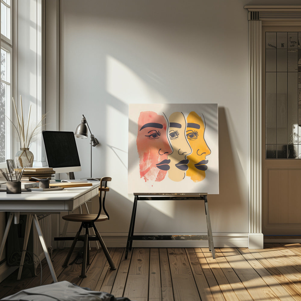A framed piece of modern art depicting three stylized female faces in profile, layered one behind the other. The faces are rendered in shades of red-orange, pale yellow, and golden-orange, with bold black line work for the eyes, eyebrows, and lips, all set against a cream background. Print