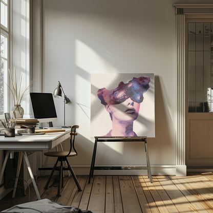 A surreal collage art piece featuring a portrait of a person's lower face. Their eyes are obscured by a cutout shape filled with a vibrant image of a colorful galaxy, complete with stars, nebulae, and a spiral galaxy. The artwork is presented in a light wood frame. Poster