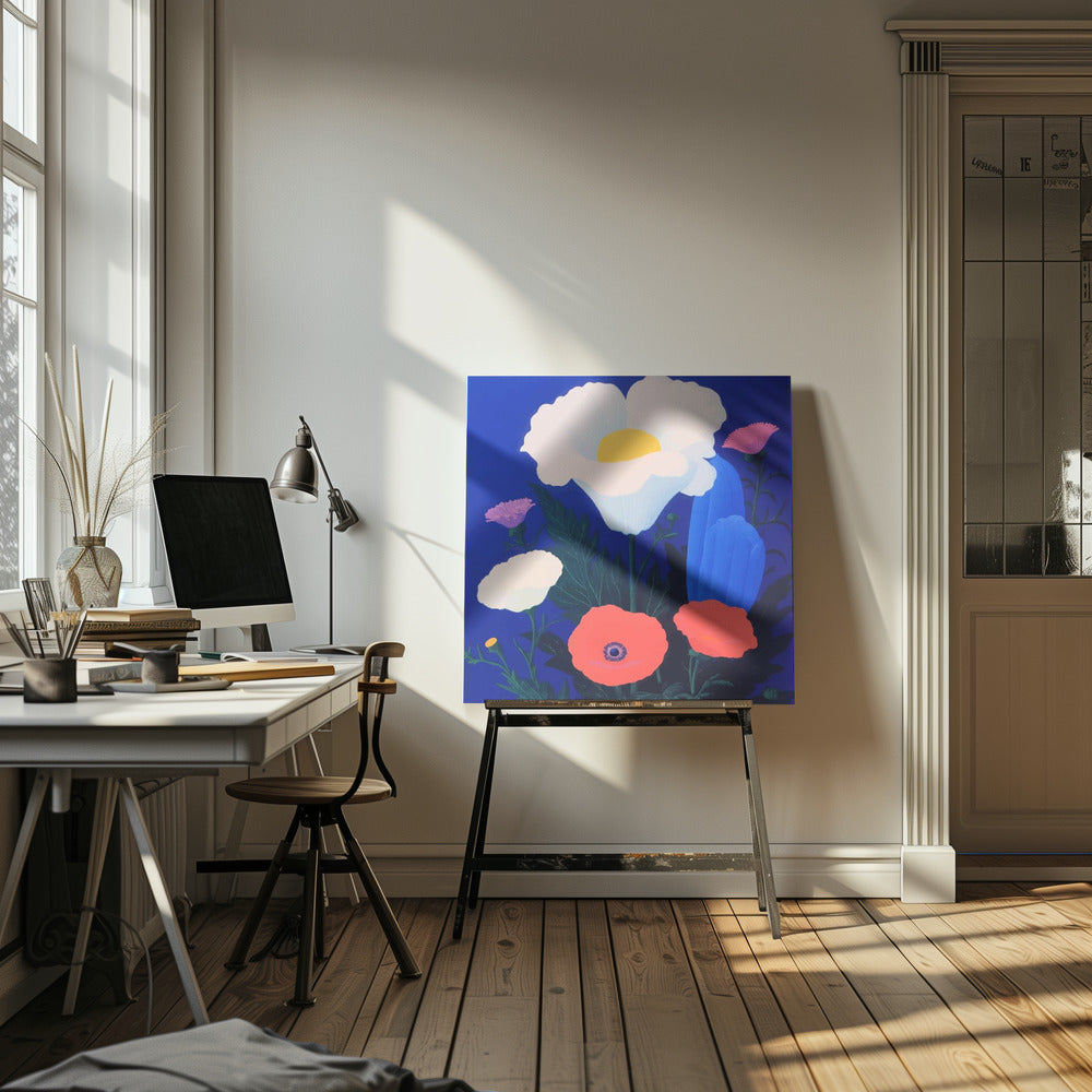 A vibrant, stylized painting of a bouquet of colorful poppies against a solid, deep blue background, enclosed in a light wood frame. The central flower is a large white poppy with a bright yellow center, surrounded by smaller red, pink, and white poppies, along with dark green leaves. Artwork