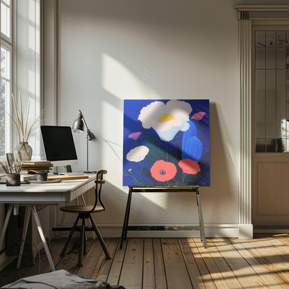 A vibrant, stylized painting of a bouquet of colorful poppies against a solid, deep blue background, enclosed in a light wood frame. The central flower is a large white poppy with a bright yellow center, surrounded by smaller red, pink, and white poppies, along with dark green leaves. Artwork