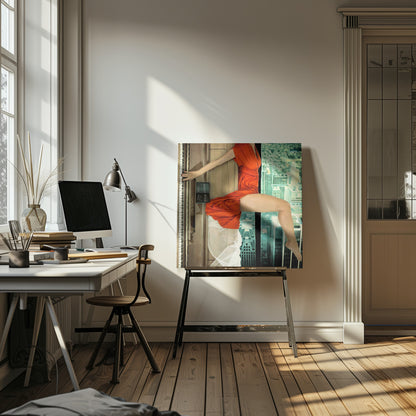 A surrealist collage artwork in a light wood frame, featuring the fragmented body of a woman in a vibrant orange dress. Her arm reaches to touch the keys of an upright piano on the left, while her legs are positioned as if sitting on a ledge overlooking a teal-toned cityscape on the right. Artwork