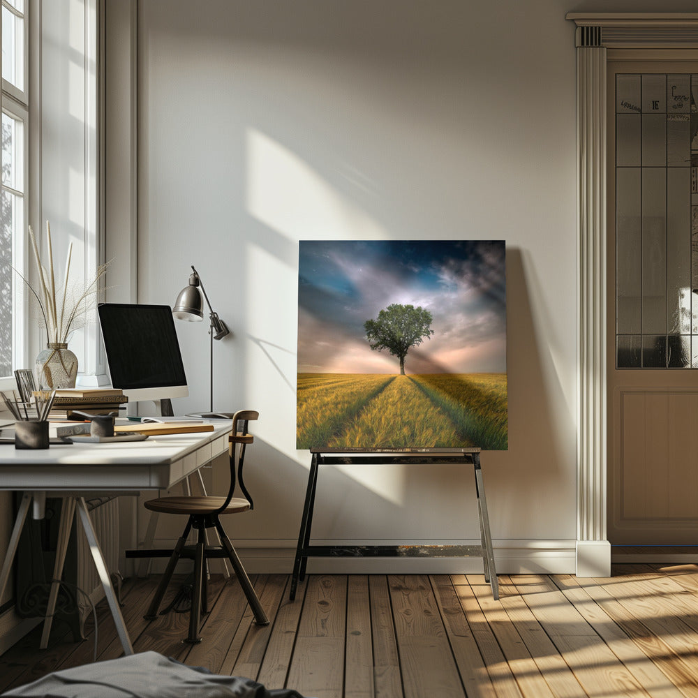 A solitary green tree stands proudly in the center of a golden wheat field. A path created by tire tracks leads directly to the tree. The sky above is a dramatic mix of dark, moody clouds and the warm glow of a sunset on the horizon. The photograph is enclosed in a simple, light-colored wood frame. Print