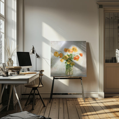 A soft-focus still life photograph of a bouquet of yellow and orange poppies in a clear glass jar, set against a delicate, light green textured background, all enclosed in a light wood frame. Print
