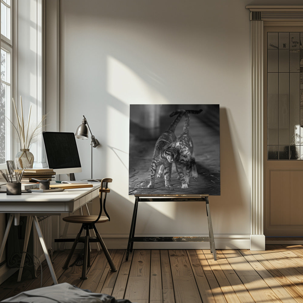 A black and white framed photograph capturing an affectionate moment between two tabby cats. They are rubbing their heads together with eyes closed, and their tails are intertwined above them, creating a heart-like shape. Decor
