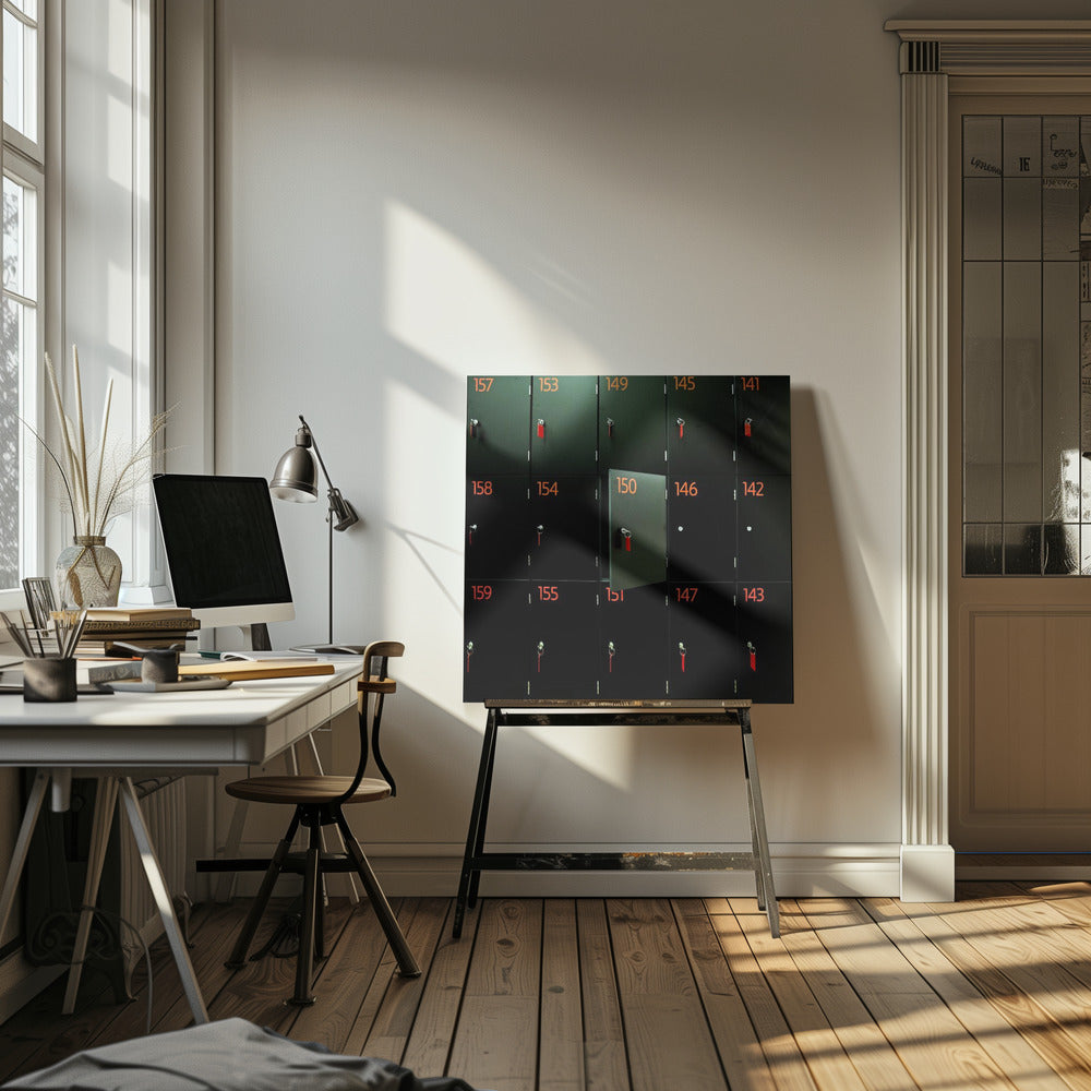 A head-on shot of a grid of black lockers inside a light wood frame. Each locker has a bright orange number and a key with a red tag. Locker number 150 is open, creating a focal point in the otherwise uniform pattern. Wall Art