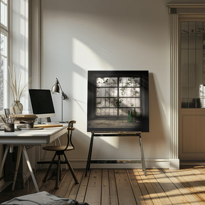 A moody photograph of three dusty green glass bottles sitting on a dirty windowsill in a dark, abandoned room. Behind them, a large, grimy, multi-paned window with wire mesh lets in dim light, revealing the silhouettes of overgrown vines outside. Poster