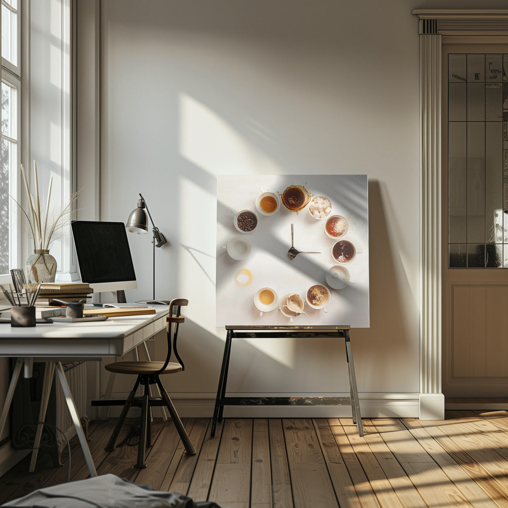 A creative flat lay photograph of a clock made from coffee cups and ingredients. Twelve white cups are arranged in a circle on a white background, each representing an hour and filled with different coffee-related items like beans, honey, sugar cubes, and various stages of coffee with milk splashing. In the center, two silver spoons form the hands of the clock. The entire image is presented within a light wood frame. Decor