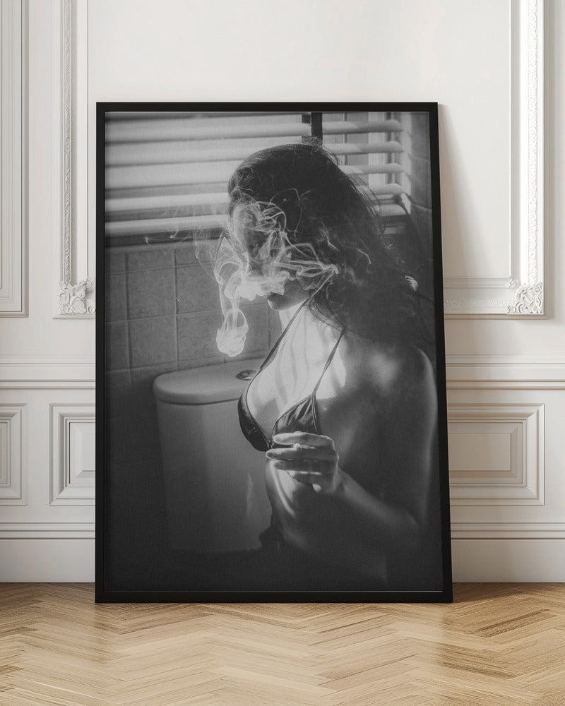 A black and white photograph of a woman in a bikini top smoking a cigarette in a bathroom. Light from a window with blinds creates dramatic shadows as a thick cloud of smoke obscures her face. Poster
