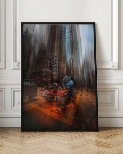 An abstract, vertically oriented photograph of a city street with a strong motion blur effect. Towering buildings are stretched vertically, creating a surreal, melting appearance. In the foreground, semi-transparent figures of people cross a street with bright orange markings, near a red car, suggesting a chaotic and energetic urban scene. Artwork
