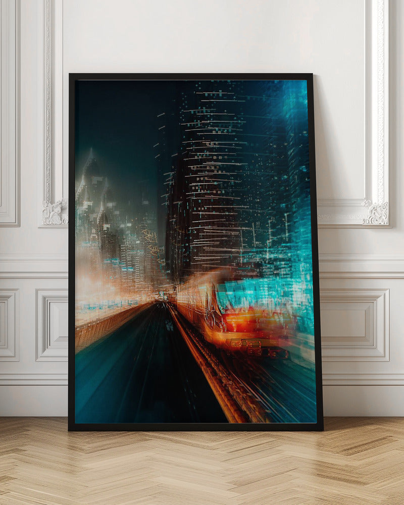 A dynamic, motion-blurred photograph of a train speeding through a futuristic city at night. The train is a blur of red and orange light on the right, while the city's skyscrapers are depicted as towering structures of distorted teal and dark blue light, creating a sense of speed and digital energy. Decor