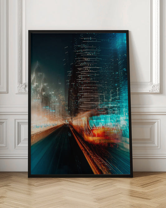 A dynamic, motion-blurred photograph of a train speeding through a futuristic city at night. The train is a blur of red and orange light on the right, while the city's skyscrapers are depicted as towering structures of distorted teal and dark blue light, creating a sense of speed and digital energy. Decor