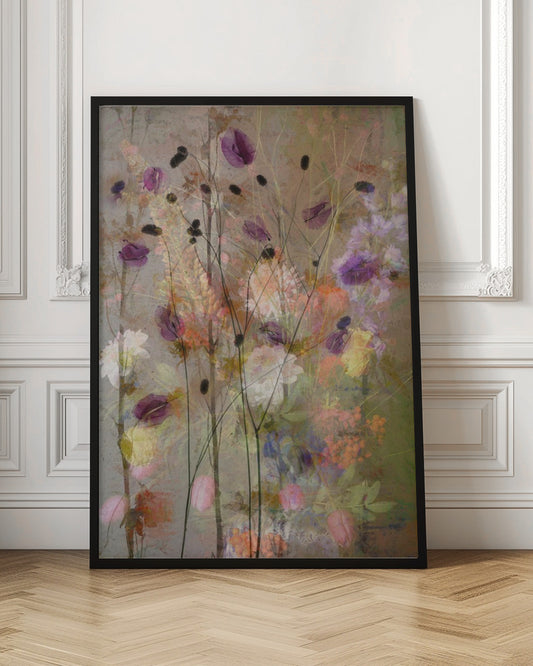 An abstract floral artwork featuring delicate, dark stems with translucent purple petals against a textured, earthy brown background. The composition is layered with soft, blended impressions of wildflowers in shades of pink, orange, yellow, and white, creating a dreamy and ethereal meadow scene. Artwork