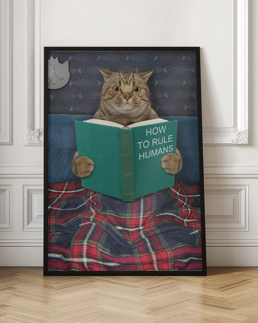 A humorous picture of a brown tabby cat sitting up in bed, intently reading a green book titled 'How To Rule Humans.' The cat is tucked under a red and blue plaid blanket, against a blue headboard with fishbone-patterned wallpaper and a cat-shaped clock in the background. Print