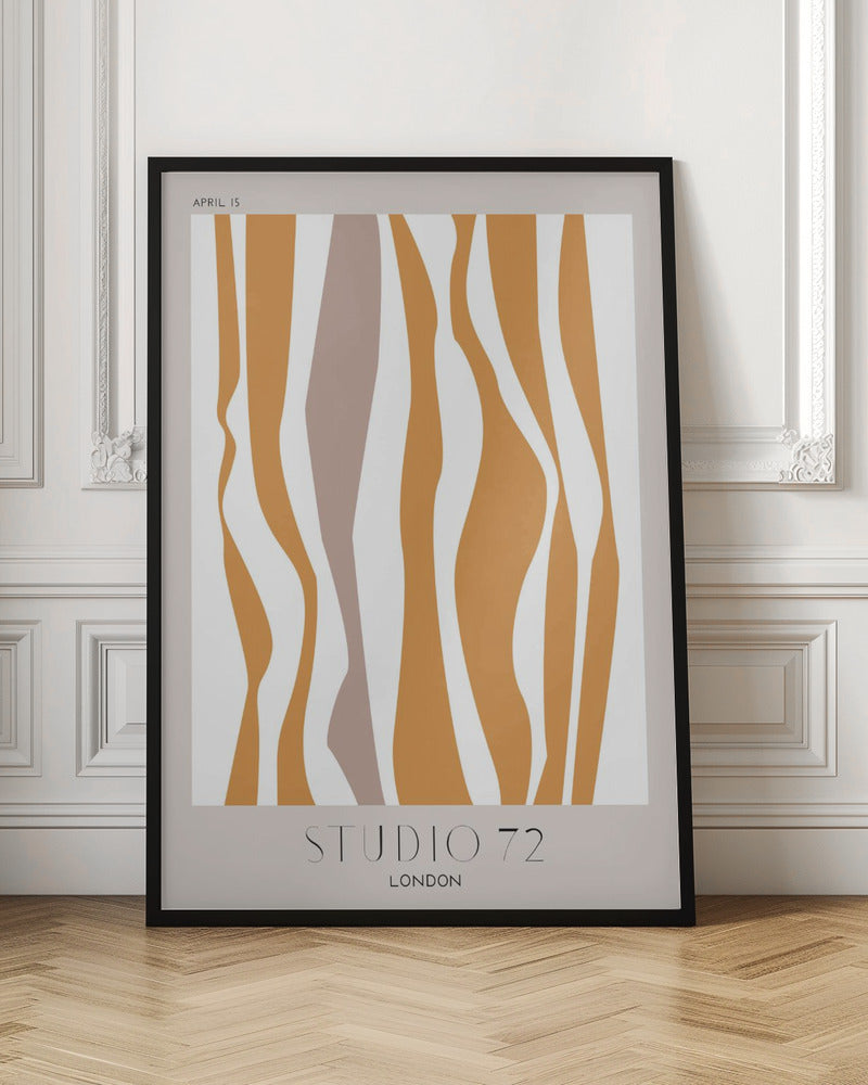 A modern abstract art print in a black frame, featuring wavy vertical stripes in mustard orange and muted mauve against an off-white background. The print has a light beige border with 'APRIL 15' at the top and 'STUDIO 72 LONDON' at the bottom. Artwork
