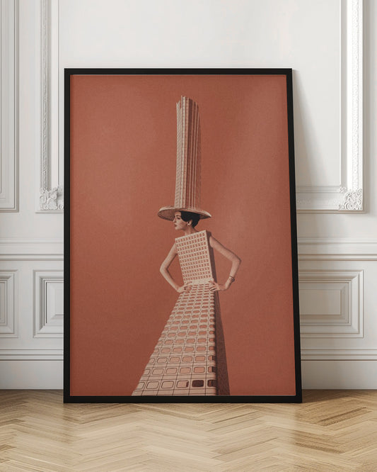 A surrealist collage featuring a woman whose dress and hat are made from a skyscraper, posing with hands on her hips against a grainy orange background within a black frame. Artwork