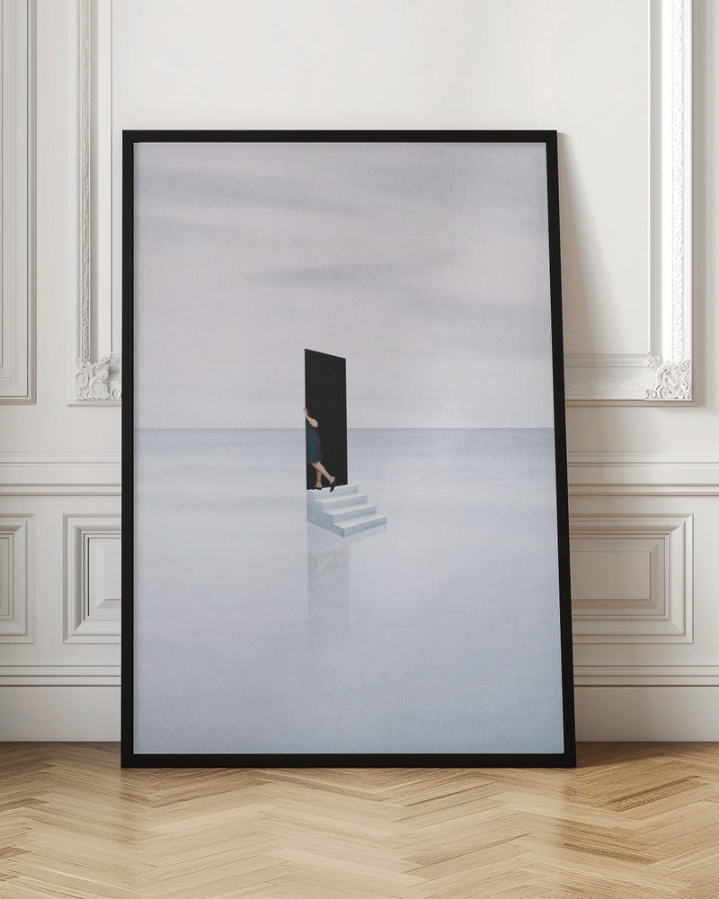 A surreal, minimalist artwork depicting a woman in a dark dress stepping through a freestanding black rectangular doorway. The doorway sits atop a small set of white stairs, which are placed in the middle of a vast, tranquil, light grey expanse where the horizon between a calm sea and a cloudy sky is barely visible. The stairs cast a faint reflection on the glossy white surface below. Print