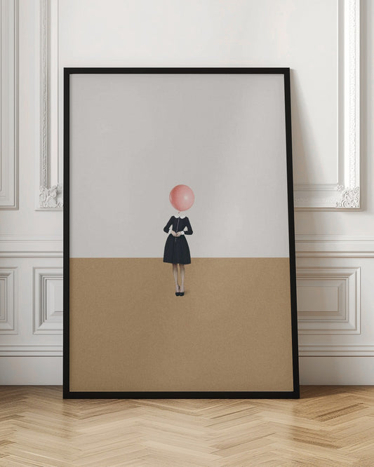 A surrealist artwork of a woman in a black dress, whose head is replaced by a pink balloon. She stands against a background horizontally divided into off-white on top and sandy brown on the bottom. Print