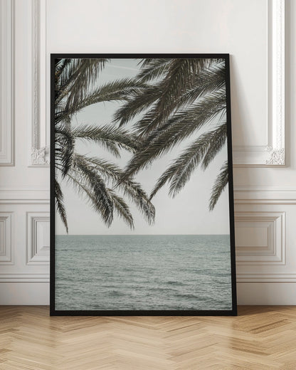 A close-up view of dark green palm tree fronds hanging over a calm, muted sage green ocean under a pale, overcast sky. The photograph has a serene and tranquil mood and is displayed in a black frame. Wall Art