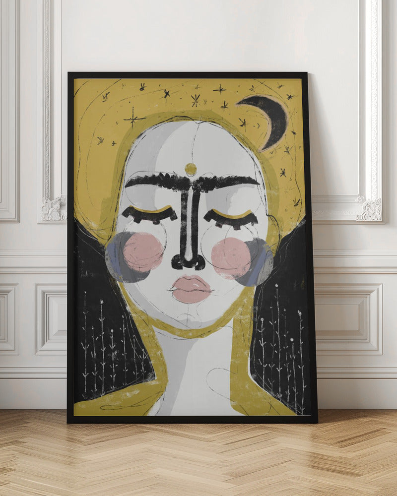 An abstract, framed painting of a serene face with closed eyes. The face is rendered in white with pink blush on the cheeks and bold, black lines for the unibrow and nose. A golden dot adorns the forehead. The background is a vibrant mustard yellow featuring a black crescent moon and simple star sketches. Wall Art