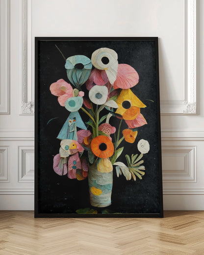 An abstract digital painting of a colorful bouquet of flowers in a textured vase against a solid black background. The flowers are stylized with a paper-cut or collage effect, featuring vibrant shades of pink, teal, orange, and white with prominent dark centers. Wall Art