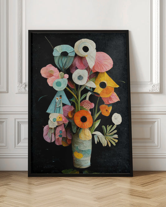 An abstract digital painting of a colorful bouquet of flowers in a textured vase against a solid black background. The flowers are stylized with a paper-cut or collage effect, featuring vibrant shades of pink, teal, orange, and white with prominent dark centers. Wall Art