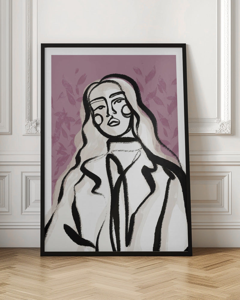 An abstract fashion illustration of a woman with long, wavy, light-colored hair, outlined in bold black brushstrokes. She wears a coat over a high-necked shirt, set against a dusty purple background with a faint leaf pattern. Wall Art