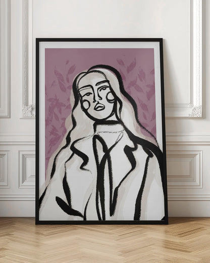 An abstract fashion illustration of a woman with long, wavy, light-colored hair, outlined in bold black brushstrokes. She wears a coat over a high-necked shirt, set against a dusty purple background with a faint leaf pattern. Wall Art