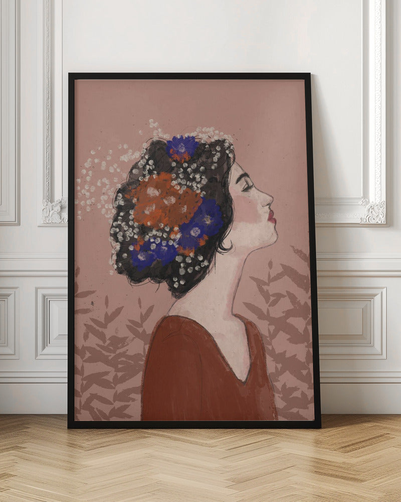 An illustrative portrait of a woman in profile with her head tilted back and eyes closed. Her dark, curly hair is adorned with vibrant orange, blue, and small white flowers. She is wearing a rust-colored top against a dusty pink background with a faint leaf pattern. Print