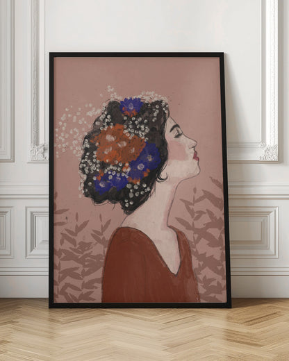 An illustrative portrait of a woman in profile with her head tilted back and eyes closed. Her dark, curly hair is adorned with vibrant orange, blue, and small white flowers. She is wearing a rust-colored top against a dusty pink background with a faint leaf pattern. Print