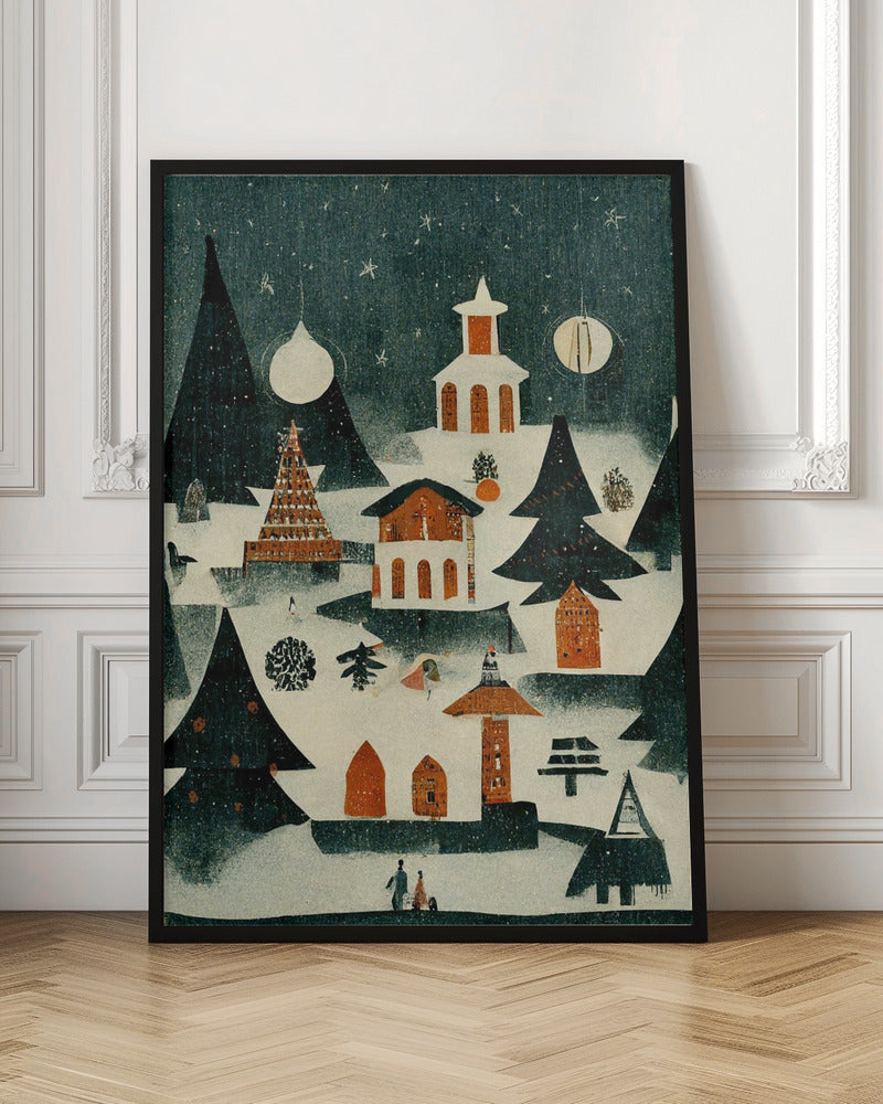A vintage-style folk art illustration of a cozy Christmas village at night. The scene is covered in snow under a dark, starry sky, with stylized pine trees and quaint orange and white buildings, including a church. It is snowing lightly, and decorative orbs hang in the sky like moons. Artwork