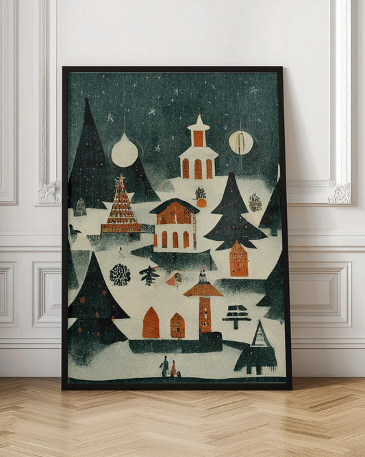 A vintage-style folk art illustration of a cozy Christmas village at night. The scene is covered in snow under a dark, starry sky, with stylized pine trees and quaint orange and white buildings, including a church. It is snowing lightly, and decorative orbs hang in the sky like moons. Artwork