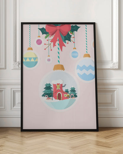 A festive Christmas illustration featuring hanging ornaments against a soft pink background. A large central ornament depicts a charming winter scene with a red, boot-shaped house covered in snow, nestled among pine trees. Other colorful, patterned baubles hang from striped strings, all under a large red bow with holly. Decor