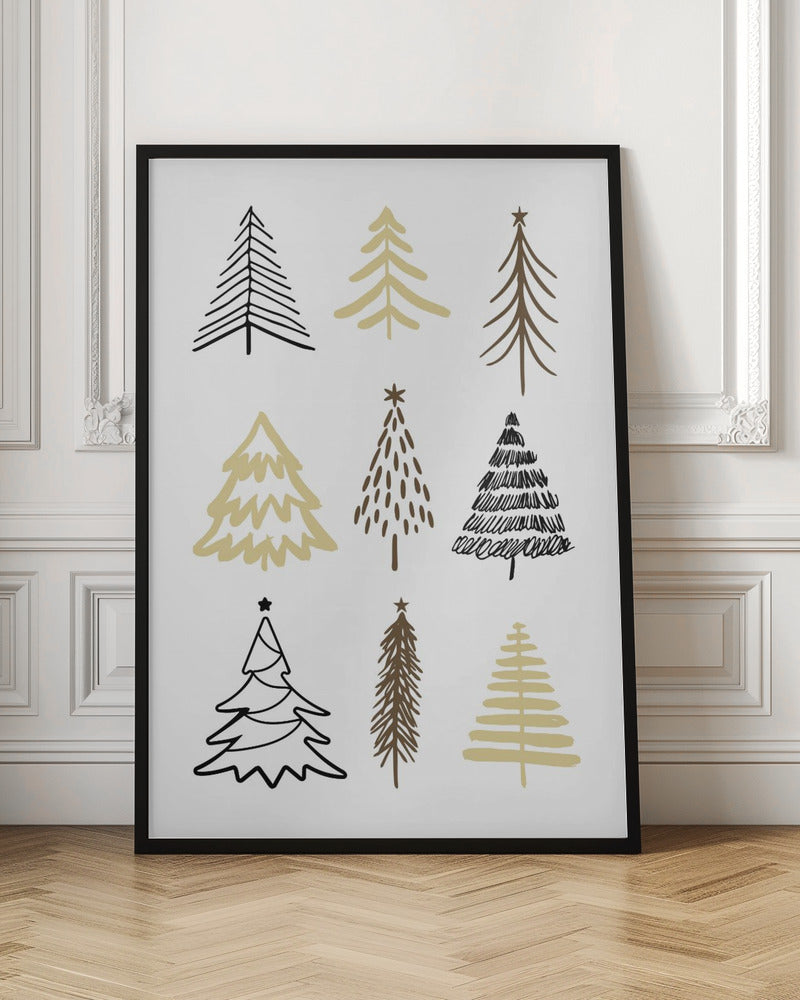 A minimalist art print featuring a grid of nine hand-drawn Christmas trees against a white background. The trees are depicted in various simple, stylized forms using black, gold, and brown colors. The entire piece is shown within a thin black frame. Artwork