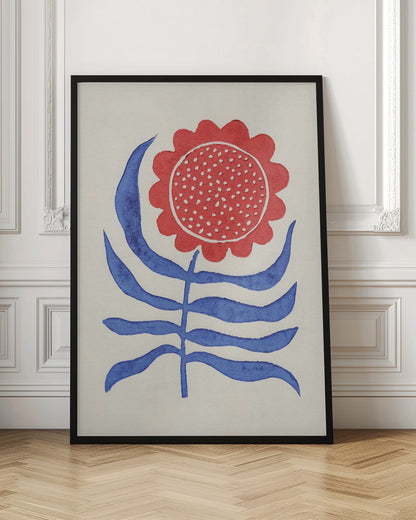 A stylized folk art painting of a flower featuring a large, round red bloom with white polka dots and bold blue leaves on a single stem. The illustration is set against a cream-colored background and enclosed in a thin black frame. Wall Art