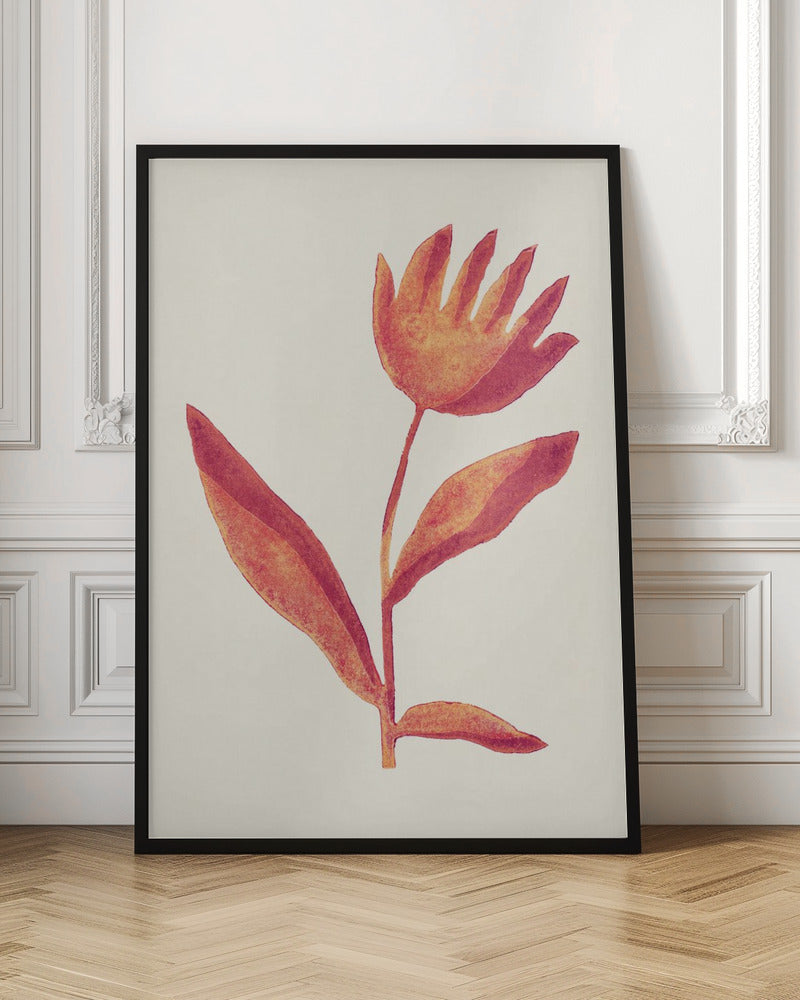 A framed art print featuring a stylized watercolor flower. The blossom, in shades of orange and red, resembles an open hand. It sits atop a simple stem with leaves against a cream background. Poster
