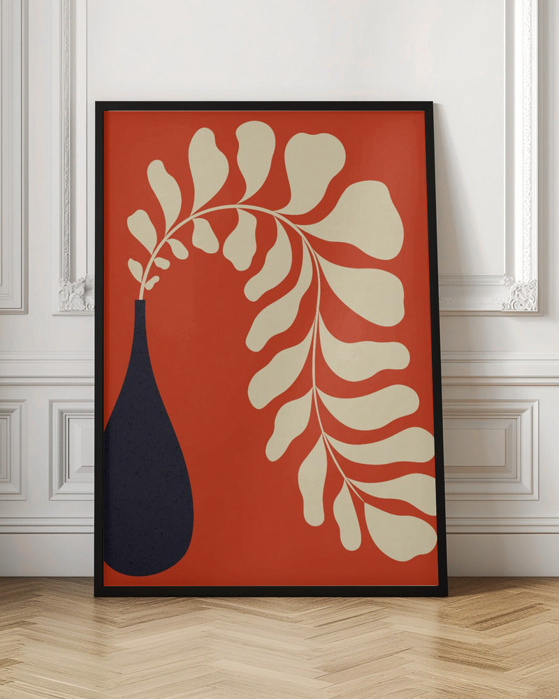 A minimalist graphic art print featuring a stylized cream-colored plant stem with large, rounded leaves, arching elegantly out of a dark navy blue teardrop-shaped vase, all set against a vibrant burnt orange background. Decor