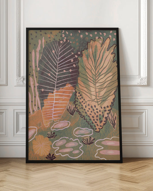 An abstract, vertical illustration of a botanical scene featuring two large, stylized leaves at the center. One leaf is dark green with white veins, while the other is a mix of yellow and light green. The background is a textured, darker green filled with various smaller, abstract plant forms in shades of pink, orange, and dark brown, all enclosed in a thin black frame. Poster