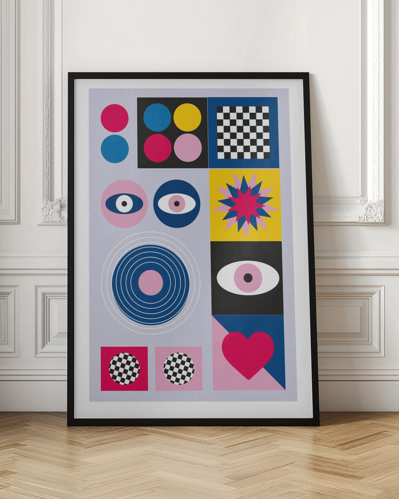 A modern abstract art print in a black frame, featuring a grid of colorful geometric shapes and symbols on a light blue background. The composition includes pink, blue, and yellow circles, a black and white checkerboard pattern, stylized eyes, concentric rings, a starburst, and a large pink heart. Wall Art