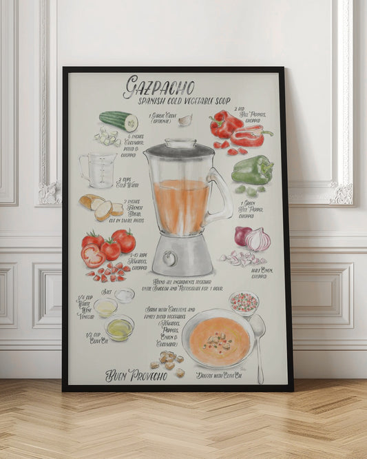 A vintage-style illustrated recipe poster for Gazpacho, a Spanish cold vegetable soup. The artwork, in a watercolor style, displays ingredients like tomatoes, peppers, cucumber, and onion around a central blender. The finished soup is shown in a bowl, garnished with croutons and drizzled with olive oil. All text is in a handwritten, calligraphic font. Wall Art