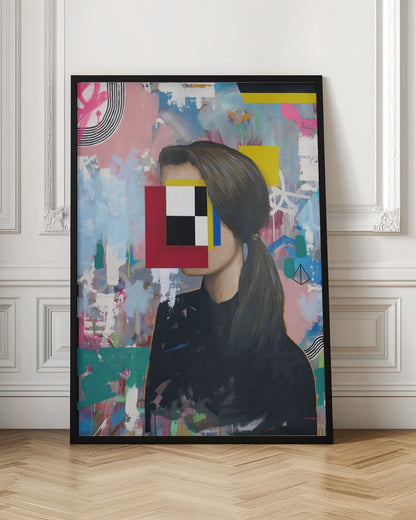 A modern abstract portrait of a woman in profile with her face obscured by a collage of red, yellow, blue, black, and white geometric shapes. She has brown hair in a ponytail and wears a black shirt, set against a vibrant, graffiti-style background of pink, blue, and teal brushstrokes. Decor