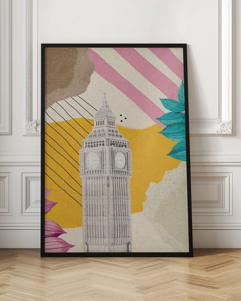 A modern art collage featuring a black and white cutout of London's Big Ben clock tower. The background is a mix of textures and patterns, including a mustard yellow section with black lines, pink and white diagonal stripes, and torn paper effects in brown and off-white. The composition is embellished with vibrant teal and pink leaves. Poster