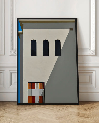 A minimalist photograph of a cream-colored building facade with a sharp diagonal shadow. Three black arched windows are arranged horizontally, and below them, a colorful grid of red, orange, and white panels. A vibrant blue vertical stripe is visible on the far left edge. Wall Art