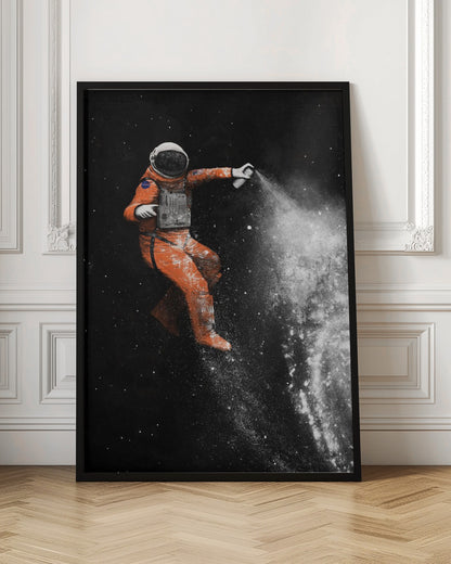 A surreal artwork of an astronaut in a vibrant orange spacesuit floating in black space, creating a galaxy with a white spray paint can. Print
