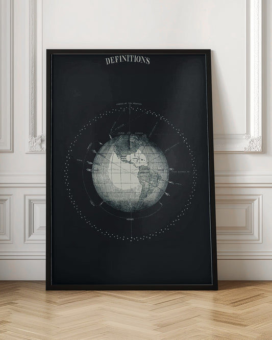 A framed vintage astronomical poster titled 'DEFINITIONS', featuring a detailed white engraving of the Earth on a black background, surrounded by diagrams illustrating celestial concepts like the 'Circle of the Heavens' and 'Zenith'. Wall Art