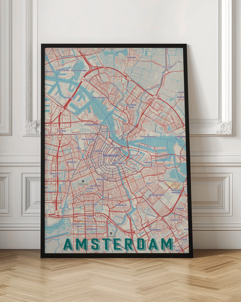 A stylized, retro-style map of Amsterdam, Netherlands, displayed within a black frame. The map features a network of red roads, light blue canals and waterways, on a cream-colored background, with the word 'AMSTERDAM' in large, dark teal letters at the bottom. Wall Art