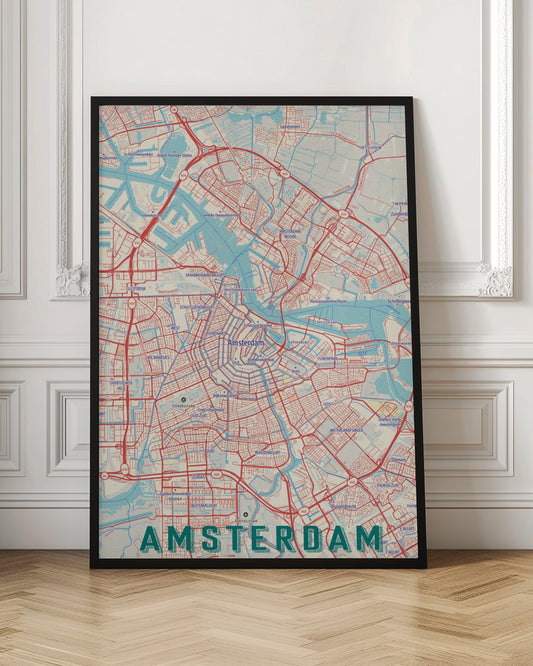 A stylized, retro-style map of Amsterdam, Netherlands, displayed within a black frame. The map features a network of red roads, light blue canals and waterways, on a cream-colored background, with the word 'AMSTERDAM' in large, dark teal letters at the bottom. Wall Art