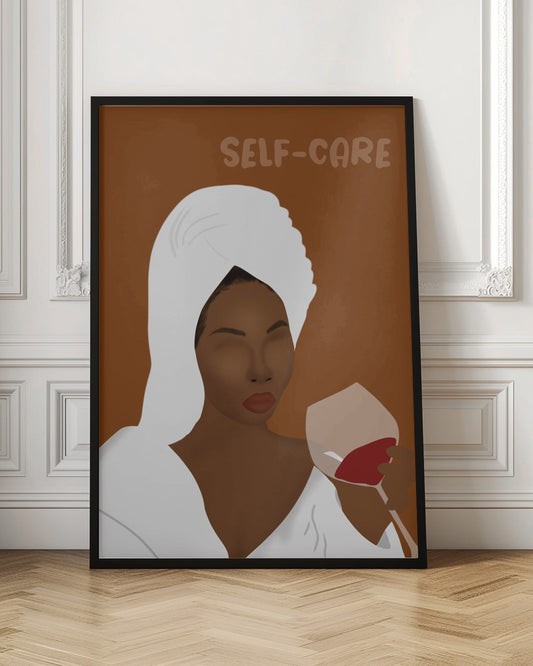 A minimalist illustration of a Black woman with her hair in a white towel, wearing a white robe, and holding a glass of red wine. The words 'SELF-CARE' are written above her against a brown background, creating a calm and relaxing mood. Poster